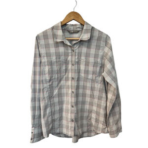The North Face Grey and Pink Plaid Long Sleeve Button Up Shirt - Size L